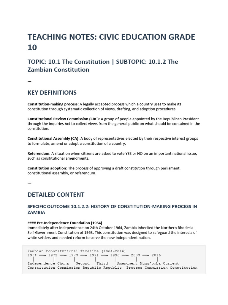 Teaching Notes Civic Education | PDF | Zambia | Constitution