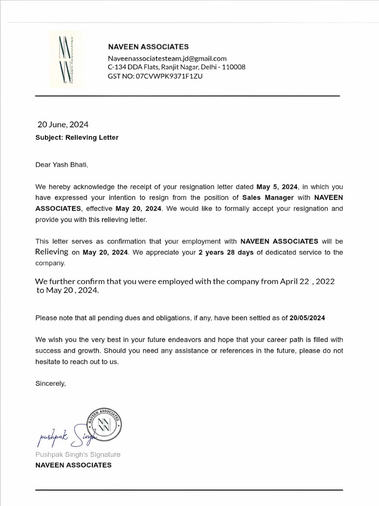 Relieving Letter Naveen | PDF