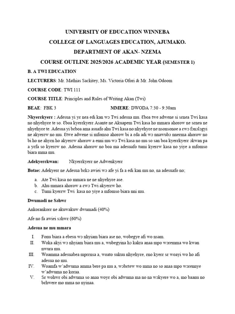 Principles of Writing Twi 2026-Outline | PDF | Linguistics | Ghana