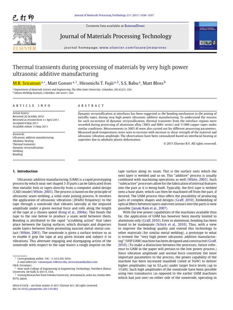 2011 - Thermal Transients During Processing of Materials by Very High ...