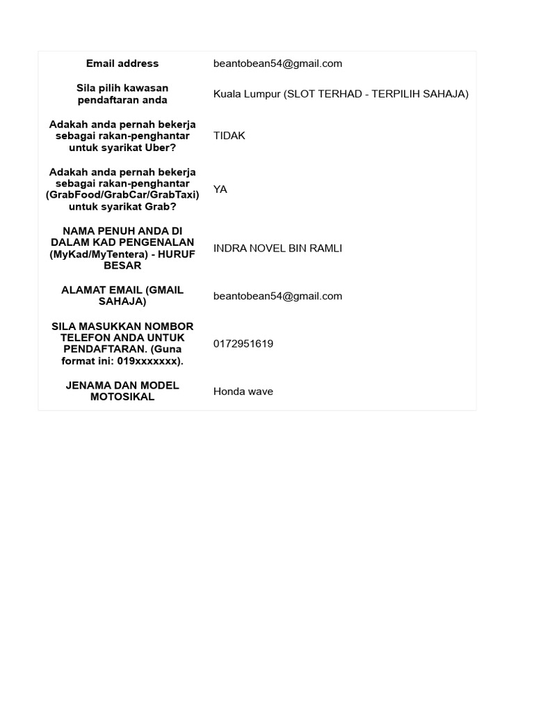 Borang Pendaftaran GrabFood Rider (Semenanjung Malaysia - Peninsular ...