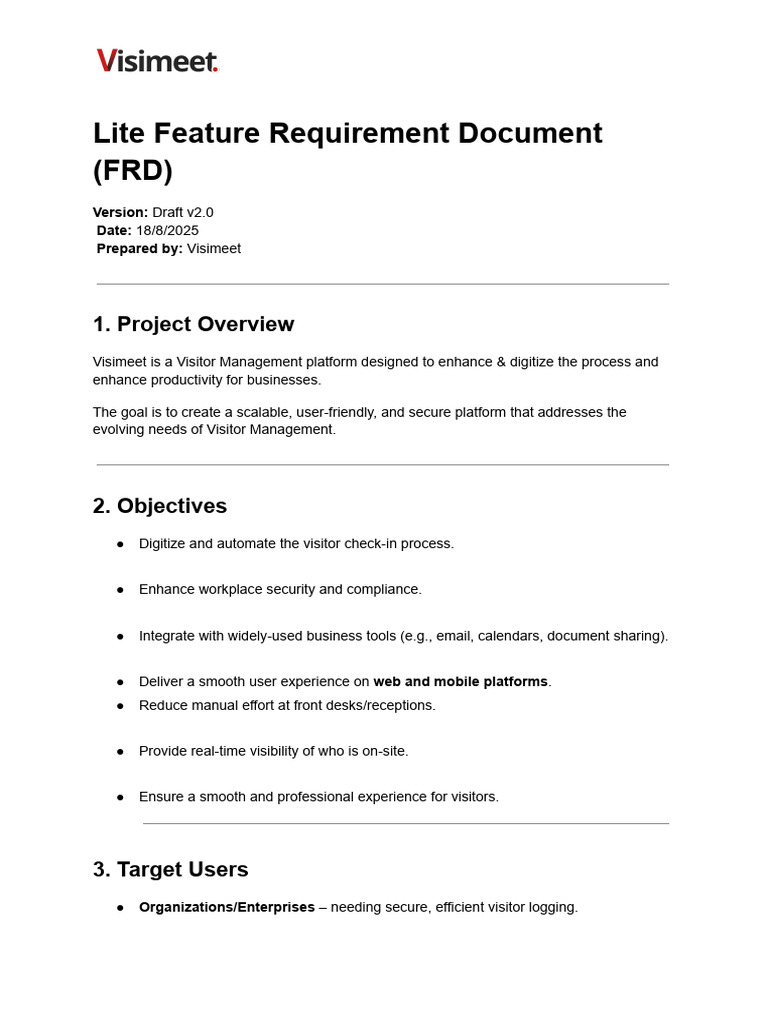 Visimeet - Lite Feature Requirement Document (FRD) | PDF | Computing ...