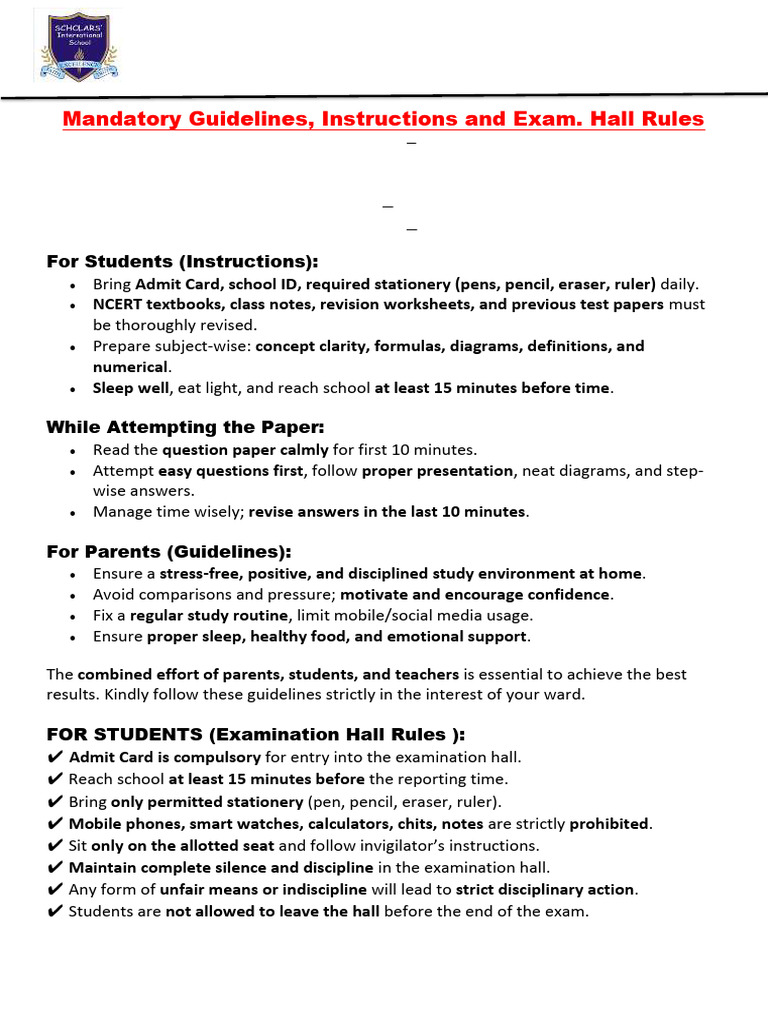Mandatory Guidelines, Instructions and Exam. Hall Rules | PDF