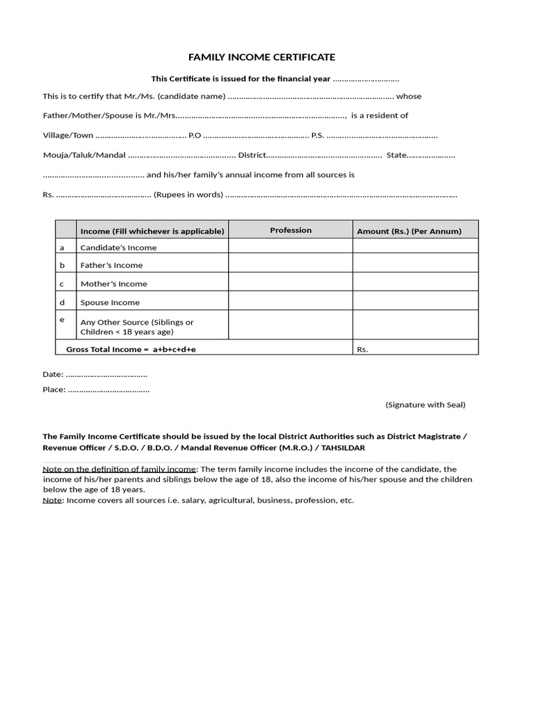 Format Family Income Certificate (1) | PDF