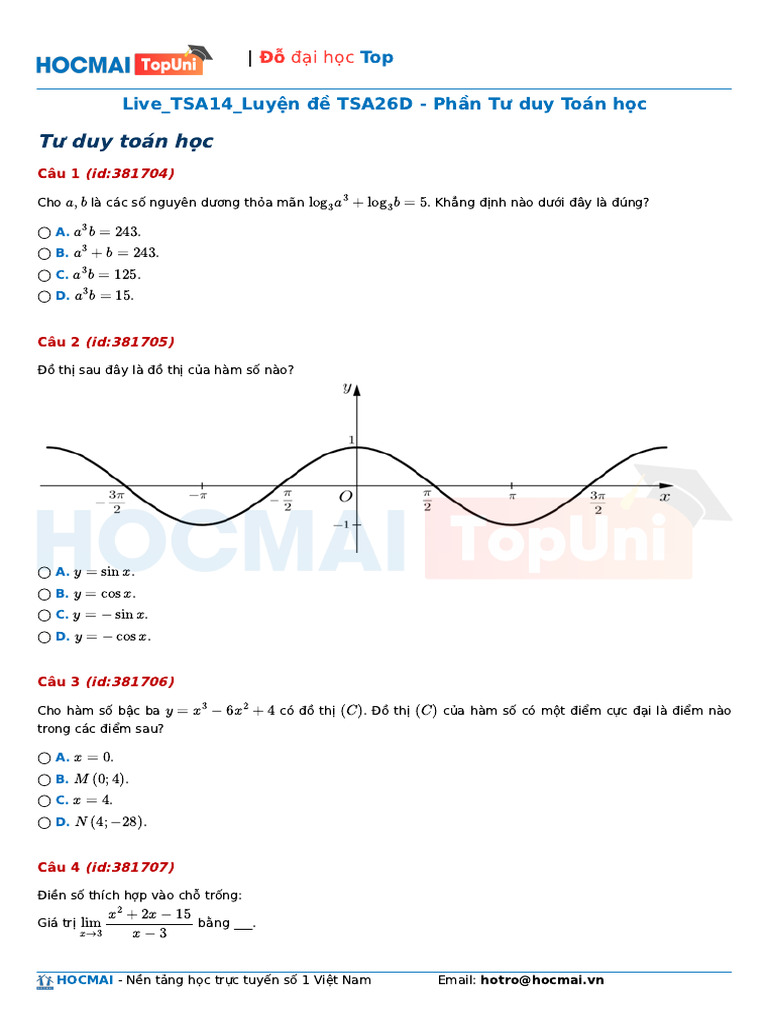 TopUni Buoi 06 Luyen de TSA26D Phan Tu Duy Toan Hoc TLBG | PDF