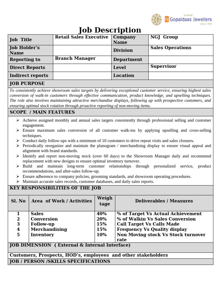 JD - Retail Sales Executive | PDF | Sales | Customer