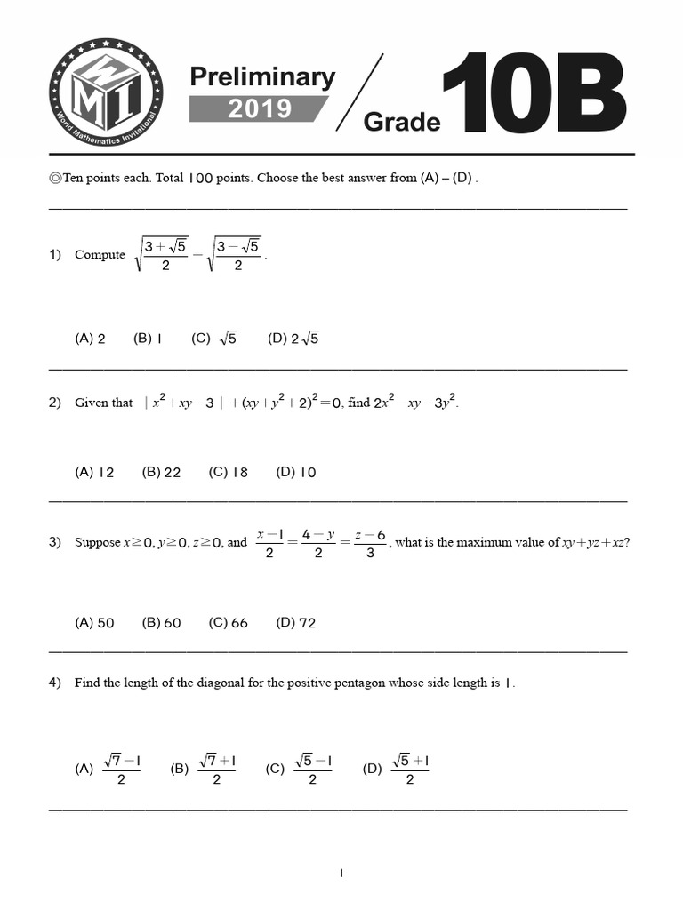 2019 WMI Prelim G10 Paper B | PDF | Numbers | Mathematical Objects