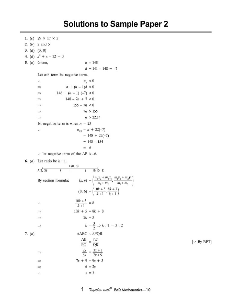 Cbse Cl10 Ead Mathematics 2026 Edition Ans To SP 2 | PDF