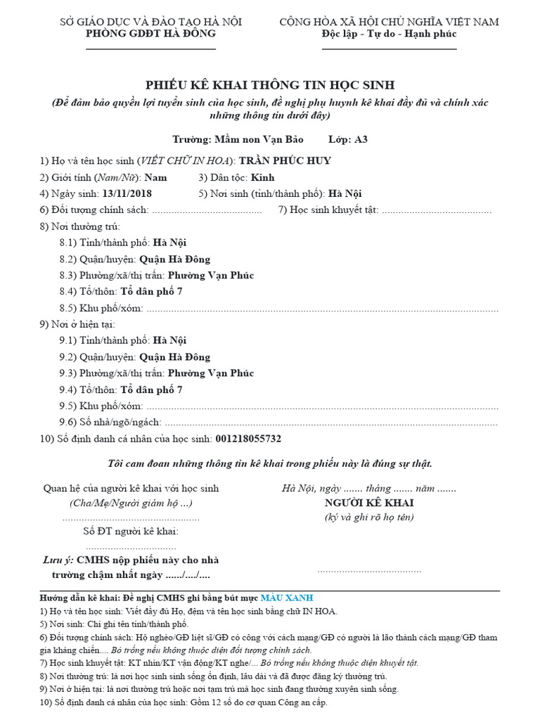 Phieu Ke Khai Thong Tin Mamnonvanbao 2023 2024 | PDF