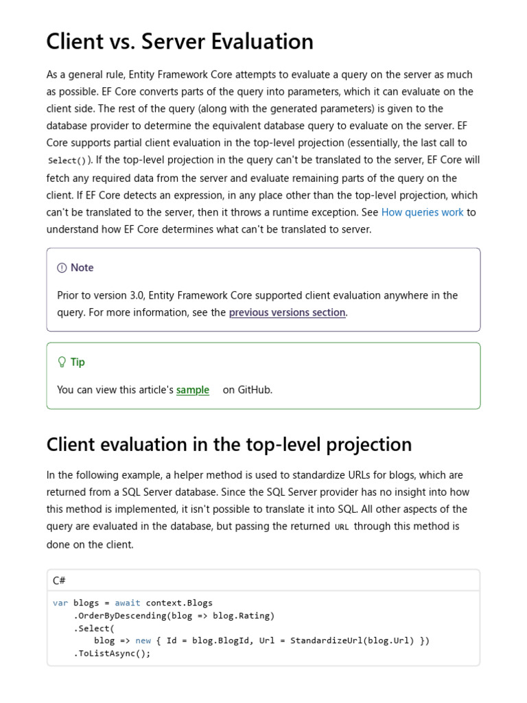 Client vs. Server Evaluation - EF Core - Microsoft Learn | PDF ...