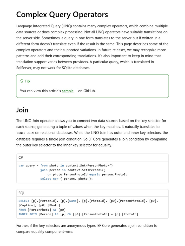 Complex Query Operators - EF Core - Microsoft Learn | PDF | Language ...