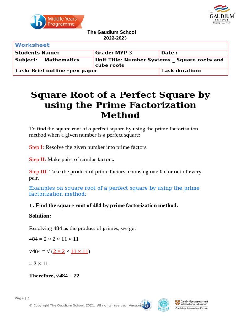 4.1 MYP 3 NS_ Squares and Cube Roots . | PDF | Square Root | Factorization