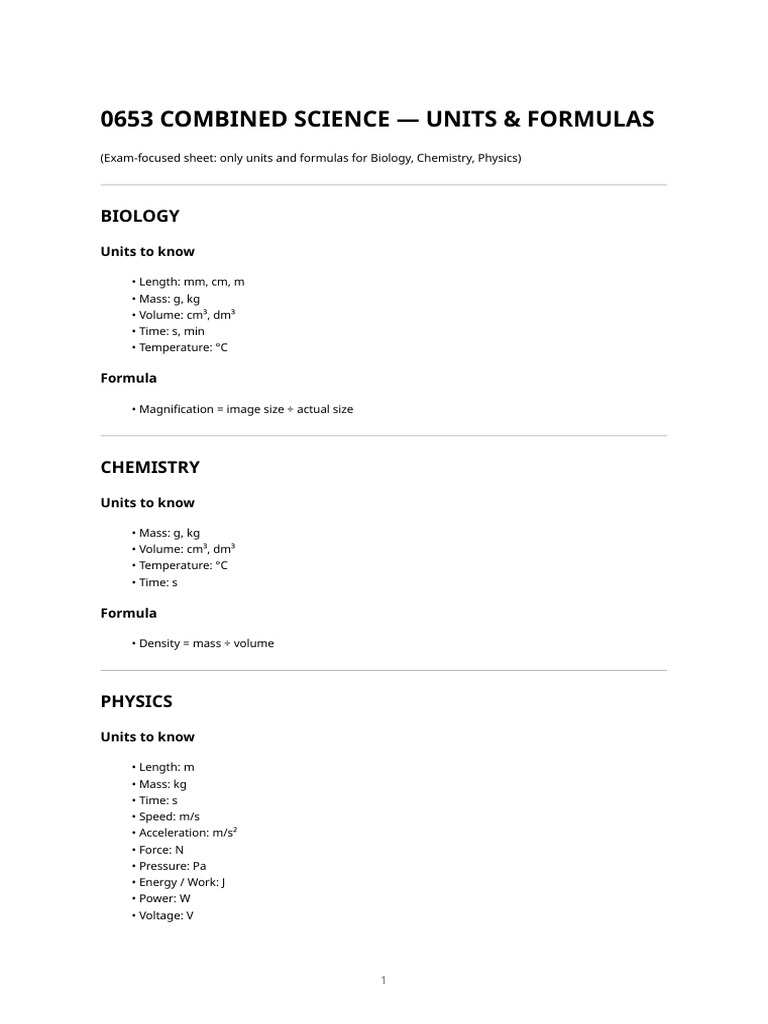 0653 Combined Science - Units & Formulas (All Subjects) | PDF