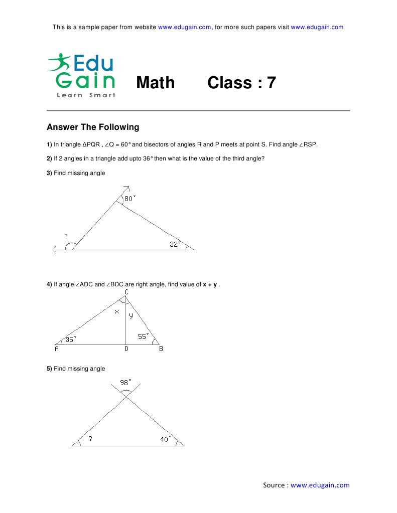 EduGain: Class 7 Sample Practice Papers On Triangle | PDF | Teaching ...