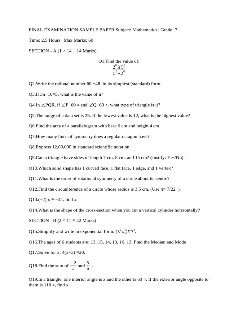Final Examination Sample Paper Class 7 Maths | PDF | Area | Circle