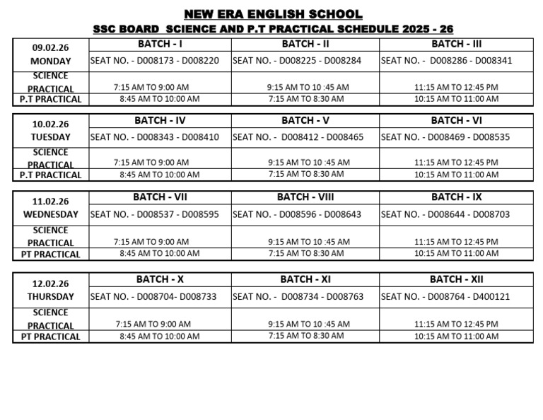 SSC Board Science and P.T Practical Schedule 2025 - 26 | PDF