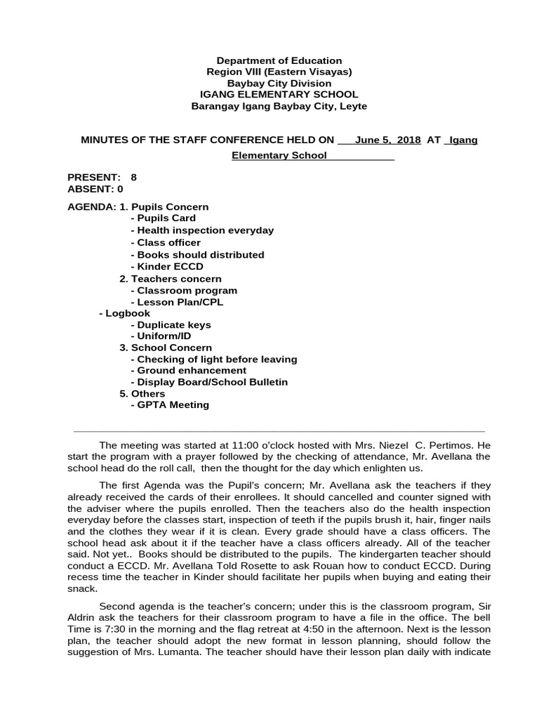 Sample Minuted on Staff Meeting | PDF | Schools