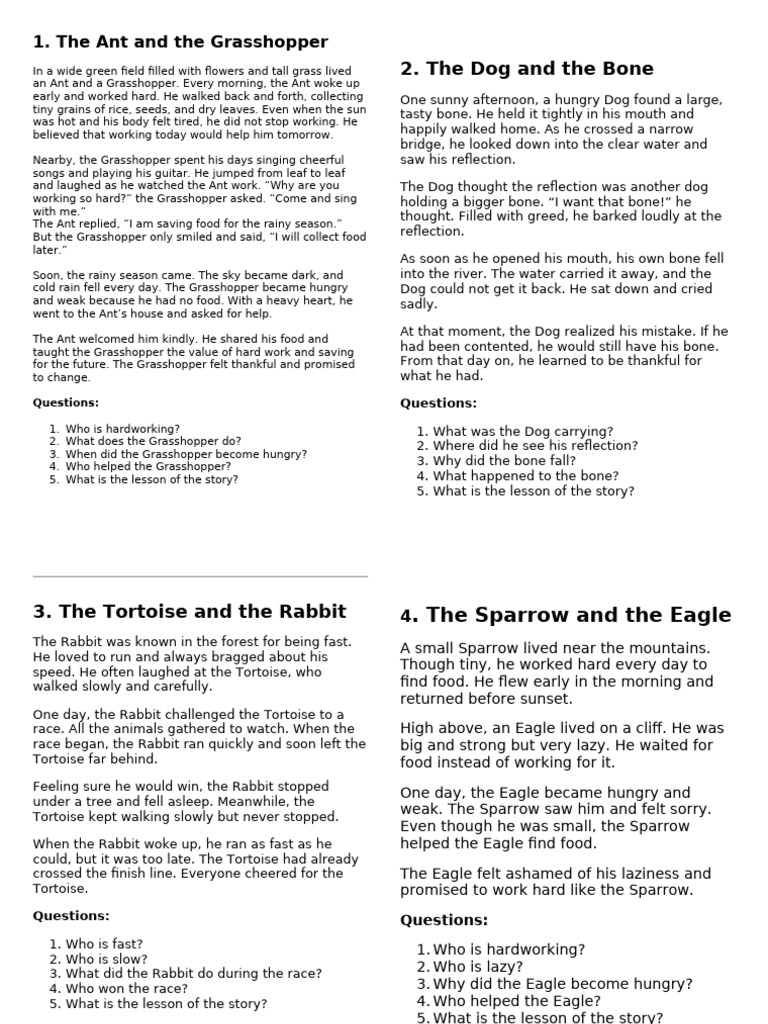 FABLE STORIES With Comprhension | PDF | Mouse | Bees