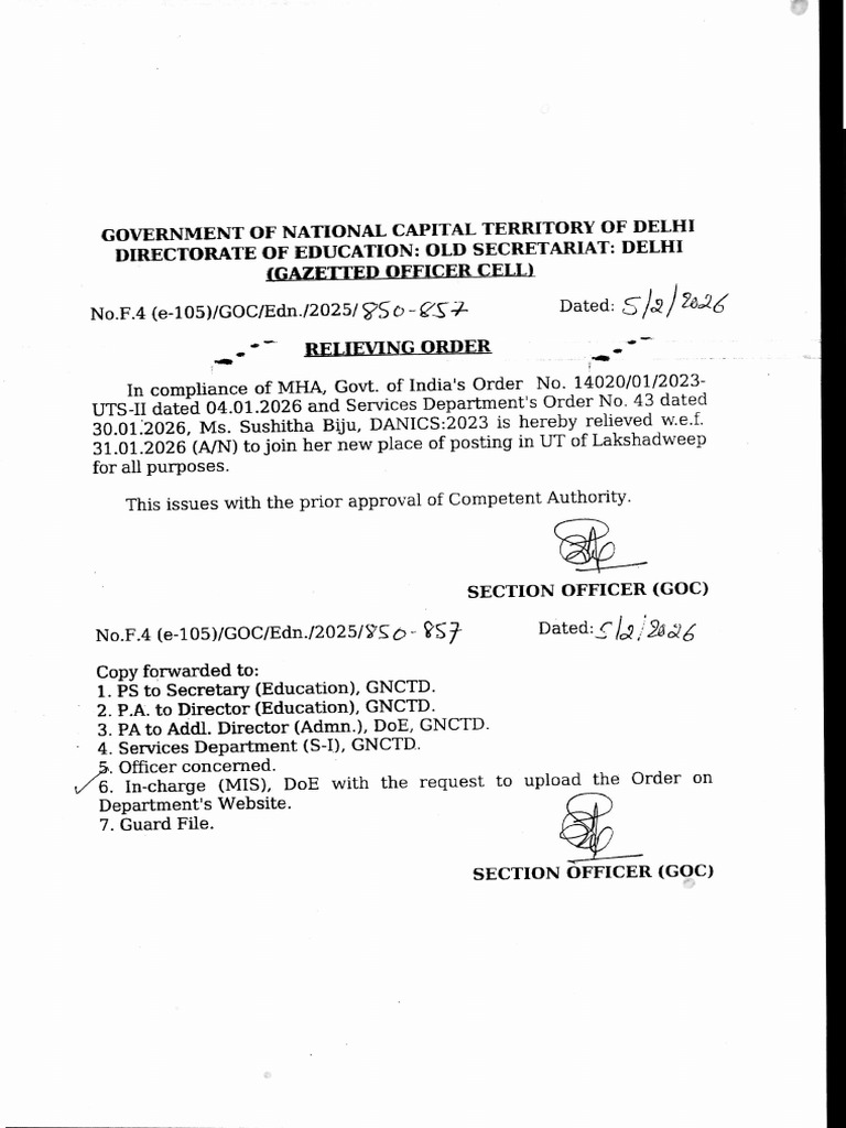 Goc RelievingorderinrespectofMsSushithabiju Dt 06022026 850 857 | PDF