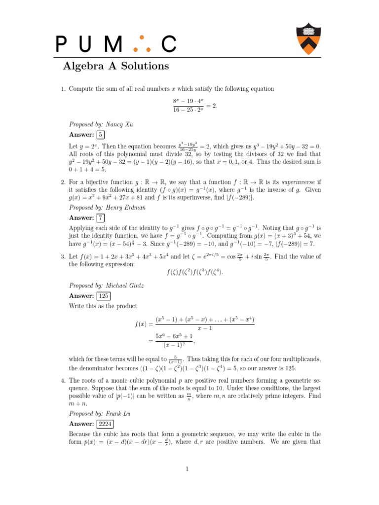 PUMaC 2021 AlgA Solutions | PDF | Function (Mathematics) | Polynomial