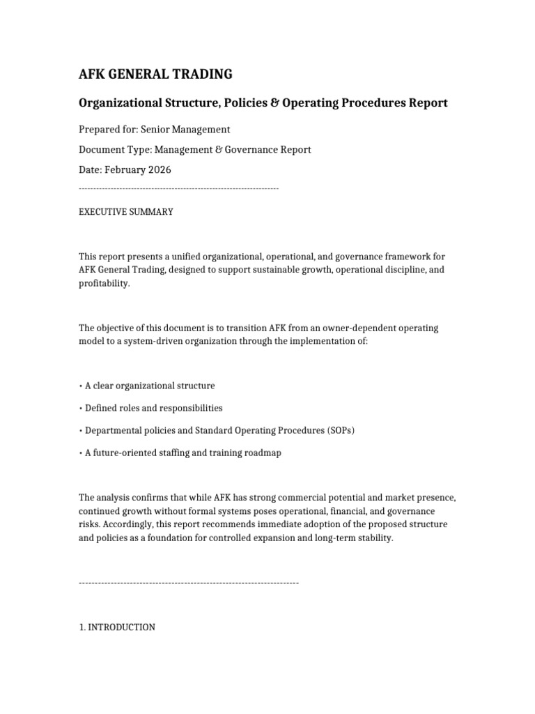 AFK General Trading Report | PDF | Governance | Policy