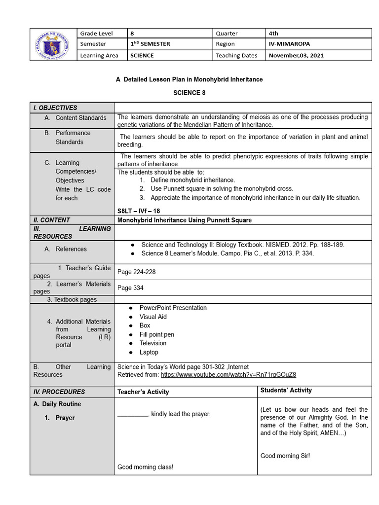 Detailed Lesson Plan | PDF | Genotype | Dominance (Genetics)