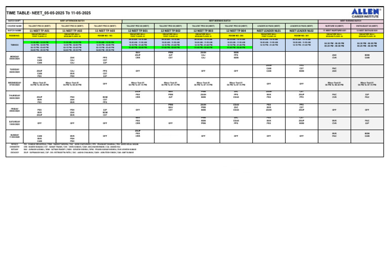 TIME TABLE - NEET - 05-05-2025 To 11-05-2025 | PDF