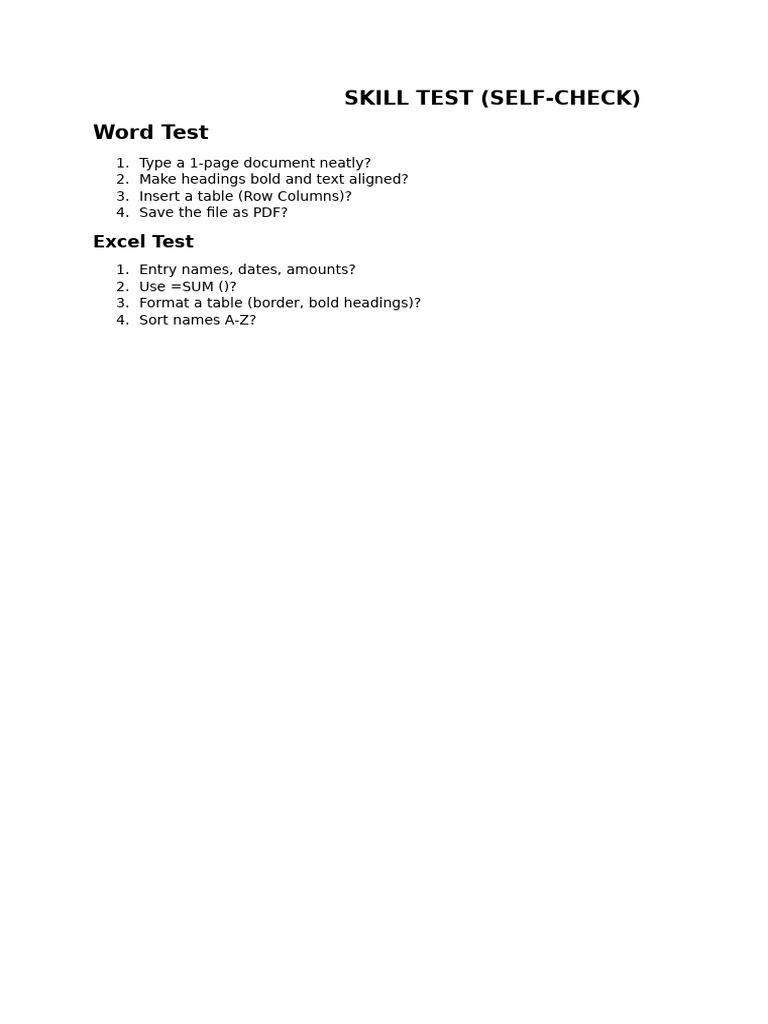 SKILL TEST (Excel&Word) | PDF