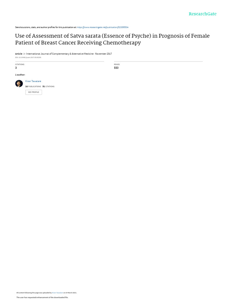 Use of Assessment of Satva Sarata Essence of Psych | PDF | Cancer ...