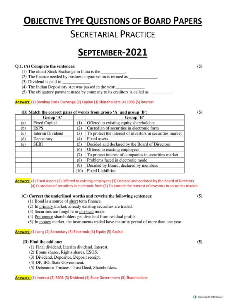 Objective Type Questions of Board Papers (SP) Till June 25 | PDF
