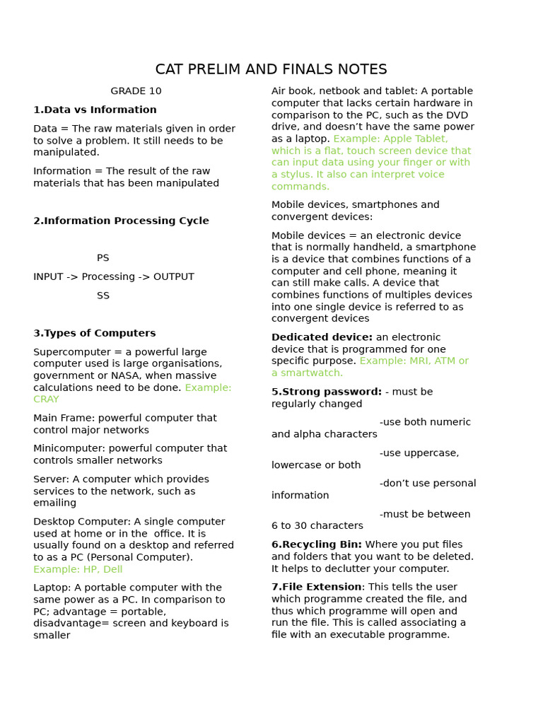 CAT Grade 10-12 Notes | PDF | Computer Keyboard | Printer (Computing)