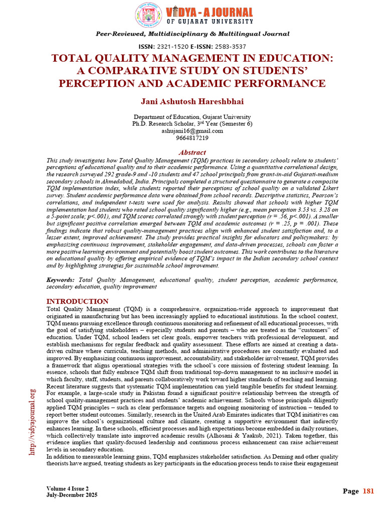 Total Quality Management in Education: A Comparative Study On Students ...