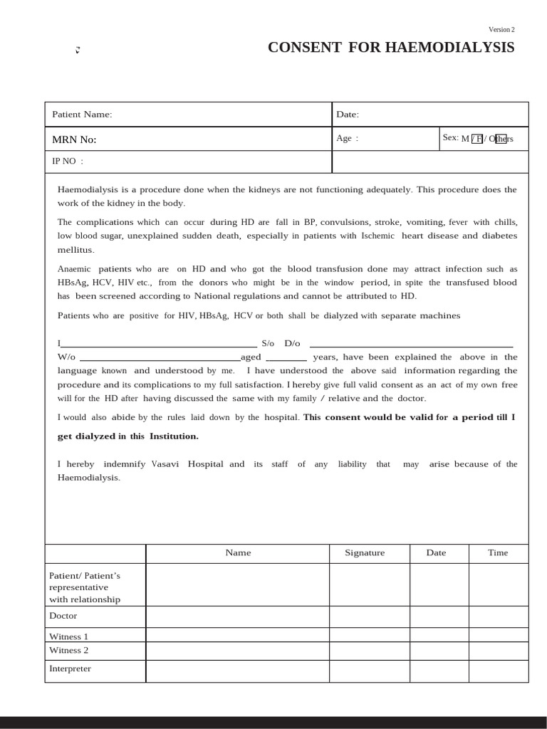 Consent For Hemodialysis | PDF