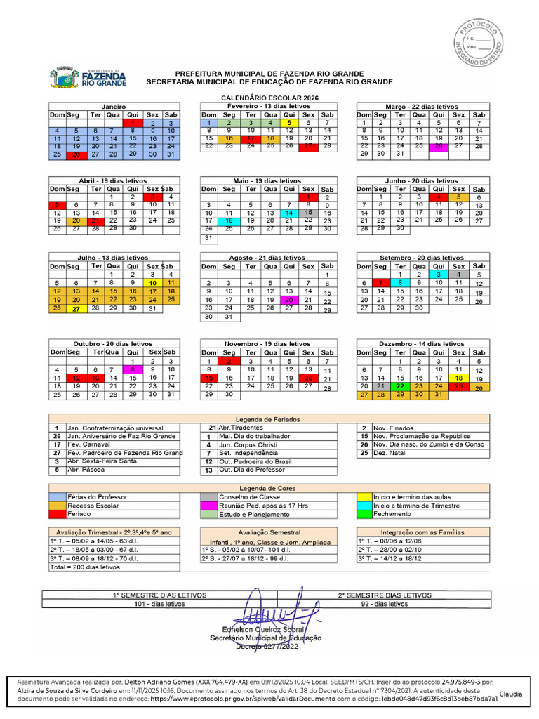 Calendário Escolar 2026 - Homologado | PDF