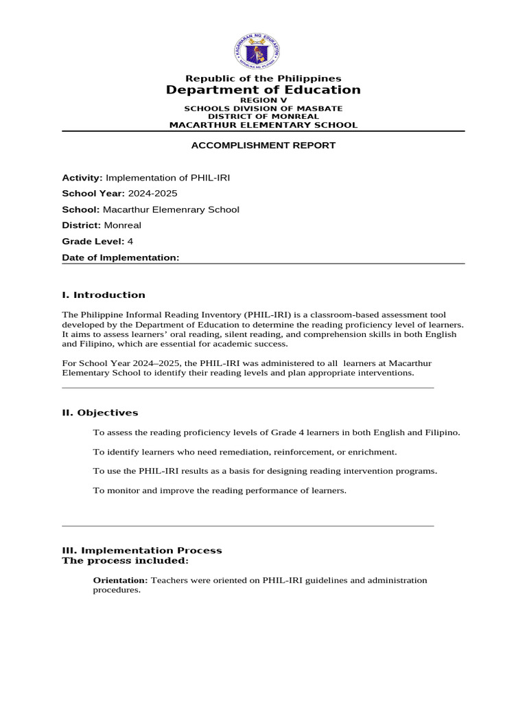 ACC. REPORT in PHIL-IRI 24-25 | PDF | Reading Comprehension | Education ...
