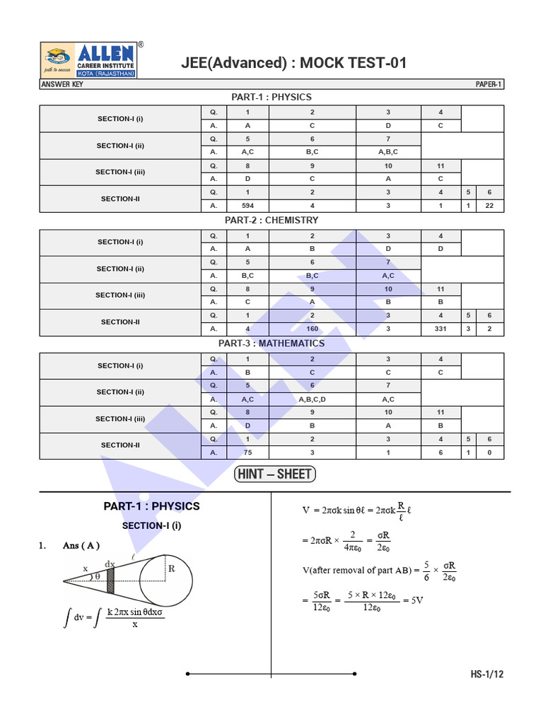 Jee Advanced Mock Test Paper 1 Ans Sol | PDF | Chemistry | Physical ...