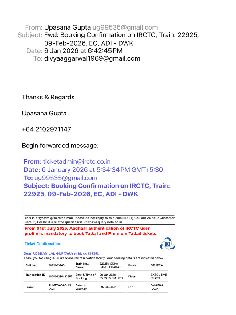 FWD - Booking Confirmation On IRCTC, Train - 22925, 09-Feb-2026, EC ...