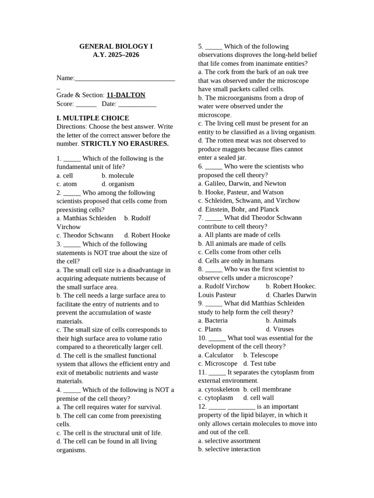 General Biology Quiz Format | PDF | Cell (Biology) | Cell Membrane