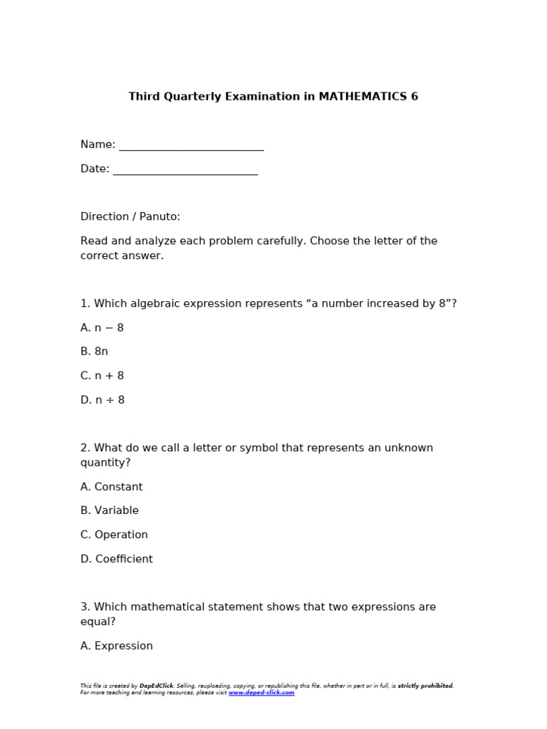 Ikatlong Markahang Pagsusulit MATH Grade6 DepEdClick | PDF | Numbers ...
