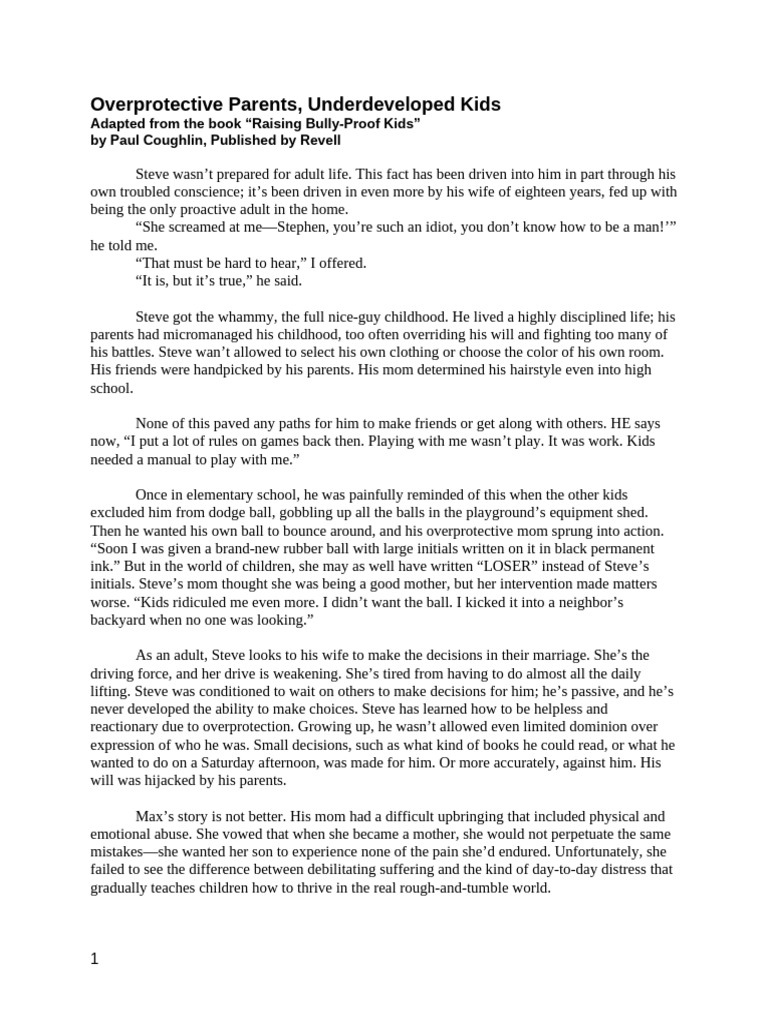 Reading 1 Overprotective Parents Underdeveloped Kids | PDF | Narcissism ...