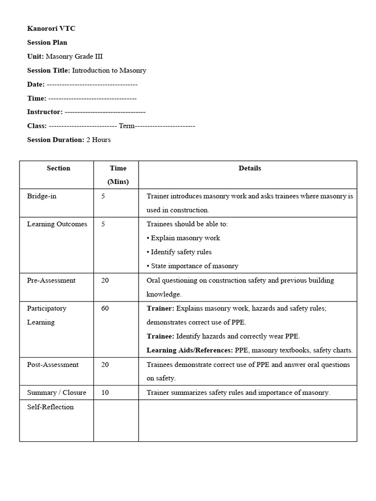Session Plan Kanorori VTC | PDF | Mortar (Masonry) | Brick