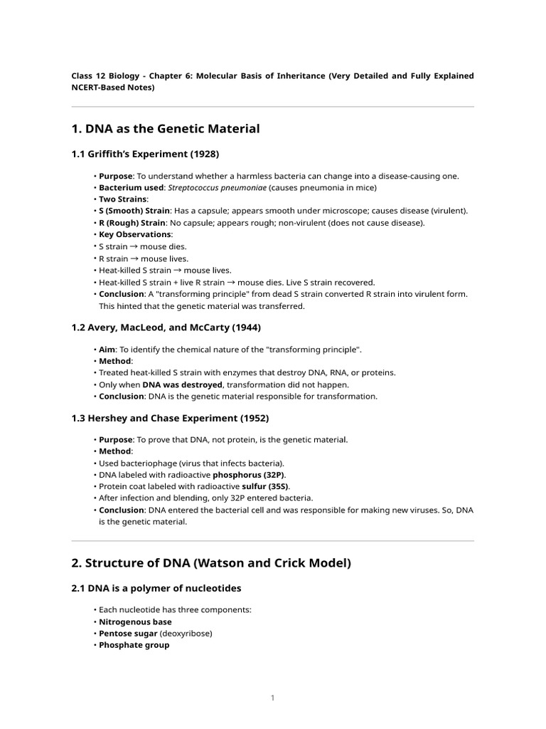 Molecular Basis of Inheritance Notes | PDF | Dna Replication | Genetic Code