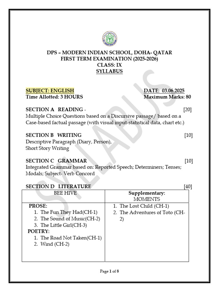 Class IX First Term Examination Syllabus 2025 - 26 | PDF