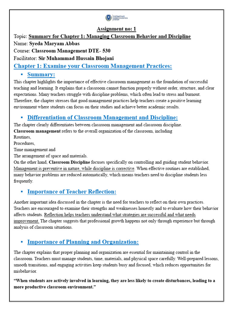 Chapter 1 (Summary) Assignment 1-CL | PDF | Classroom Management | Teachers