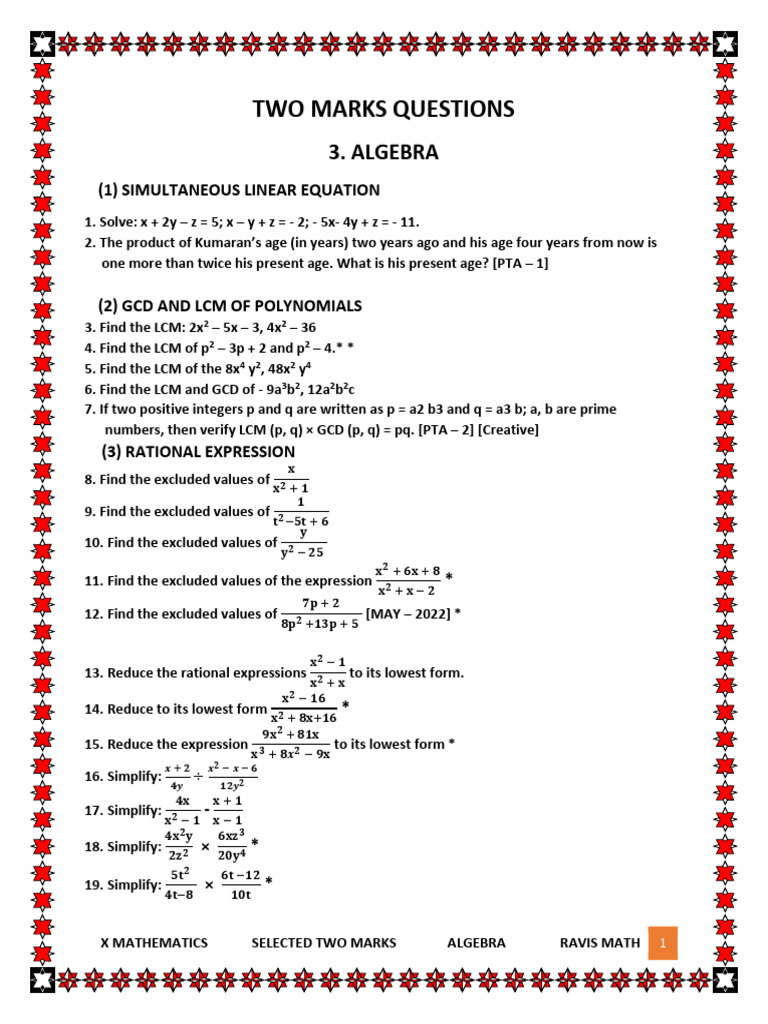 3. ALGEBRA TWO MARKS PDF | PDF | Zero Of A Function | Matrix (Mathematics)
