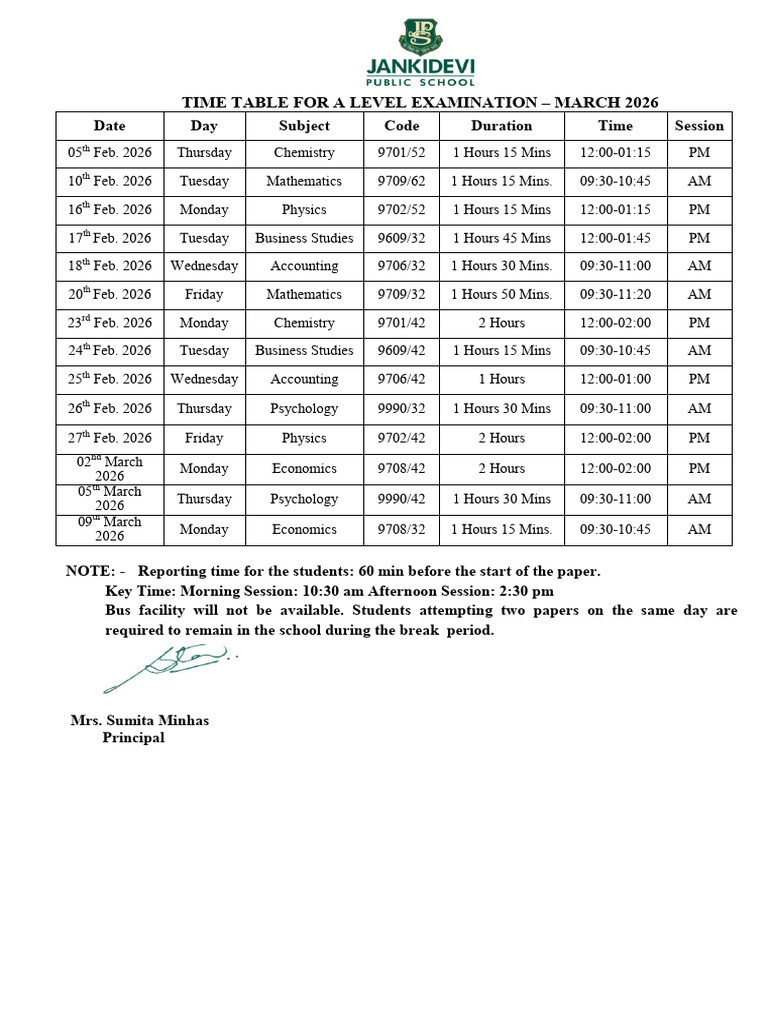 Time Table For A Level For March 2026 | PDF