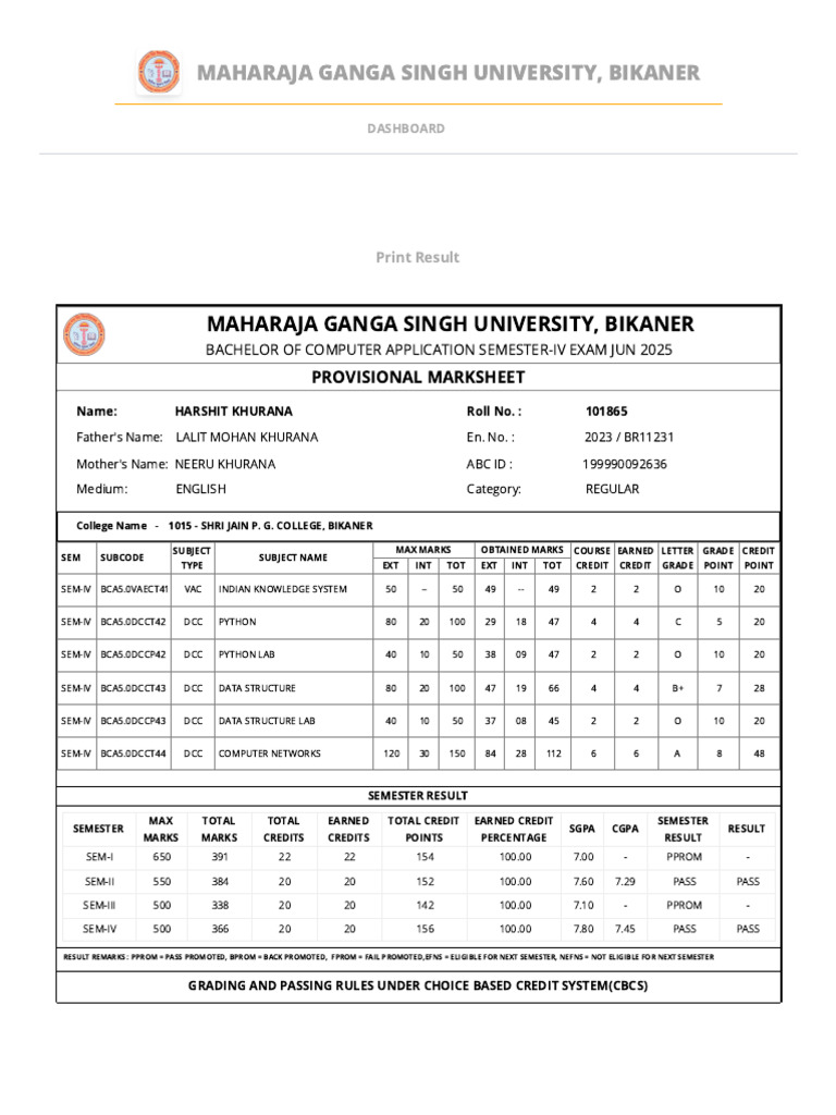 Maharaja Ganga Singh University, Bikaner Sem 3 Result | PDF | Students ...