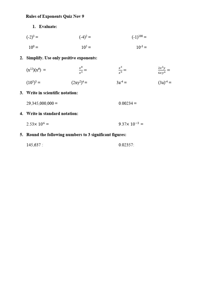 Rules of Exponents HW | PDF