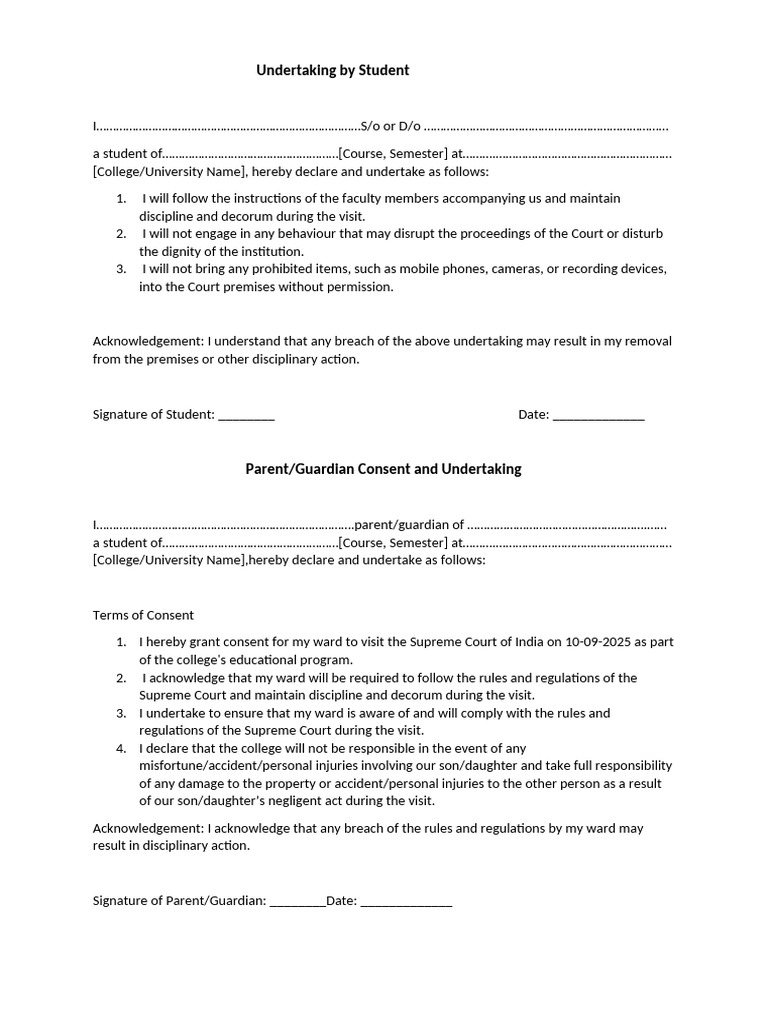 Undertaking by Student for SC Visit | PDF