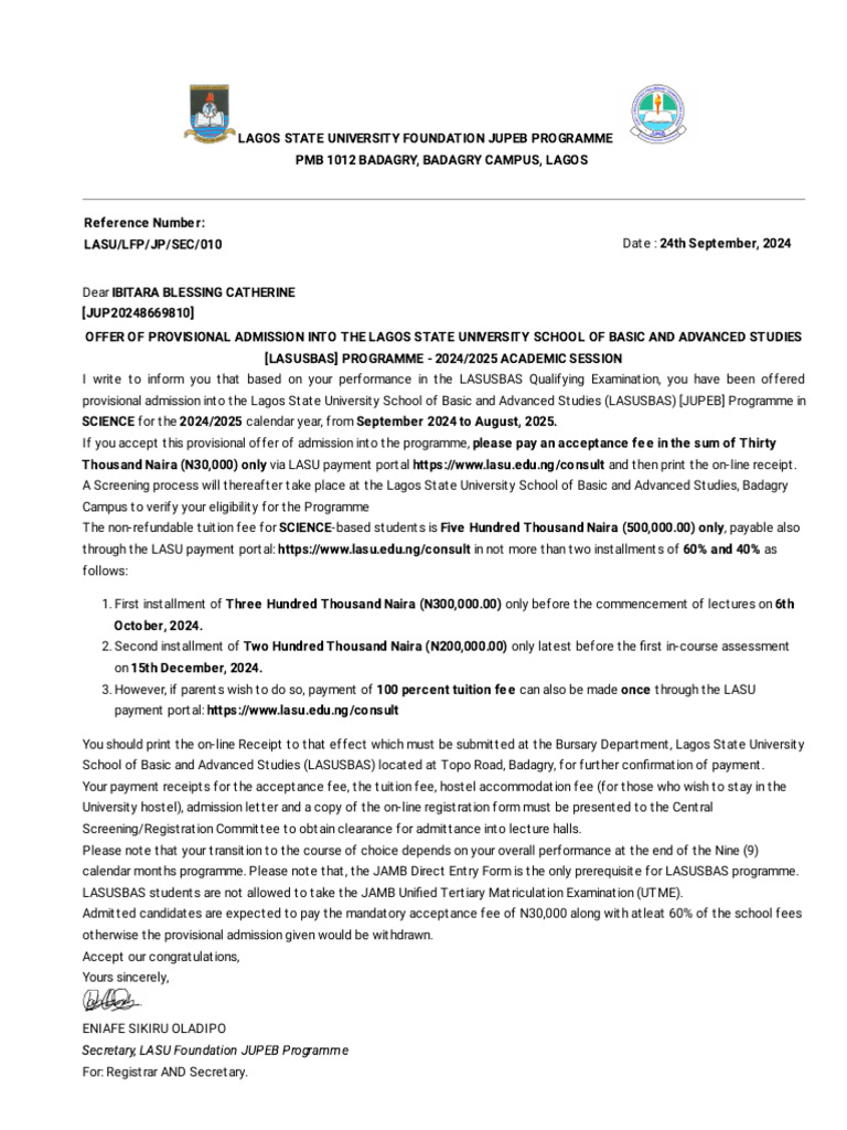 Foundation Jupeb Programme - Admission Letter | PDF | Services ...